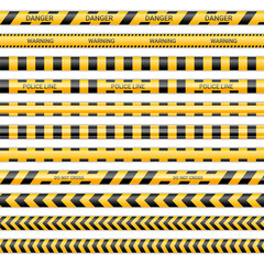Police lines and don't cross ribbons. Caution and danger tapes in yellow and black color. Warning signs collection isolated on white background. Vector illustration