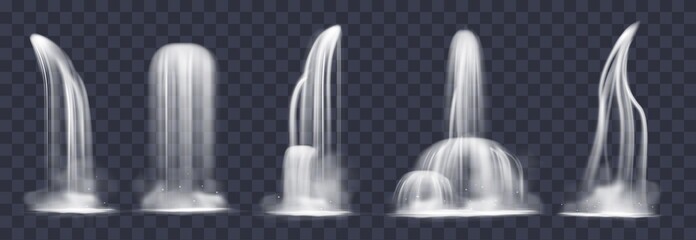 Realistic cascade waterfall. 3d liquid flowing down jets, water drop fog, mountain rivers streams and splashes, different shapes and angles view. Vector cartoon isolated set - obrazy, fototapety, plakaty