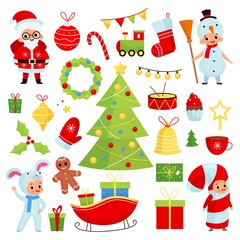 Christmas kids. Cute new year characters, traditional decor elements, children holiday party. Santa and snowman, xmas tree with glass balls, gifts and decor. Vector cartoon isolated flat set