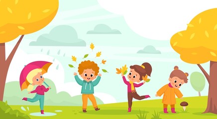 Obraz na płótnie Canvas Autumn park walking. Happy kids play outdoor with falling leaves, little boys and girls with umbrellas jump through puddles and collect mushrooms, year season activities vector cartoon concept