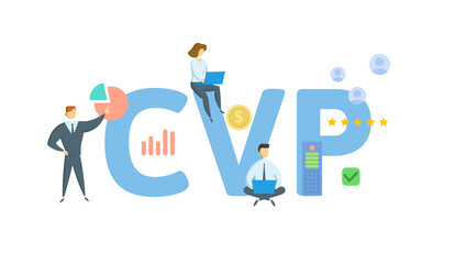 CVP, Cost Volume Profit. Concept with keyword, people and icons. Flat vector illustration. Isolated on white.