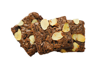 pieces of fresh homemade chocolate brownie, square shape, with sliced almond on top isolated on white background, top view