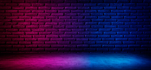 black brick wall  background with neon lighting effect pink purple and blue. glowing lights on empty brick wall background