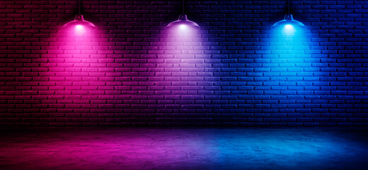 black brick wall  background with neon lighting effect pink purple and blue. glowing lights on empty brick wall background - obrazy, fototapety, plakaty