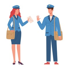 Postman characters. Woman and man in mailman blue uniform with bag and letter in hands. Male and female workers, express delivery logistic service. Vector cartoon flat isolated illustration