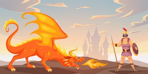 Battle with dragon. Ancient warrior fighting fire-breathing monster. Man defends castle from winged beast. Angry fairy tale lizard. Brave fighter with spear and shield. Vector concept