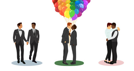 Vector illustration set of three gay white and afro american male couples at their wedding. A hugging male couple, kissing and holding multicolor balloons couple, and walking and holding hands coulpe.