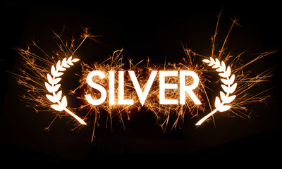 Silver banner title framed by garland in sparker effect on dark background.