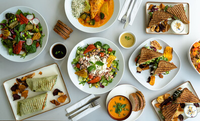 Table full of food ready to dig in.