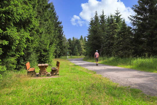 Hiking on hiking trail Rennsteig in Ernstthal, Thuringia - Germany 