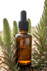 One brown glass dropper bottle with serum, essential oil or other cosmetic product and succulent flowers outdoors. Natural Organic Spa Cosmetic Beauty concept. Close up
