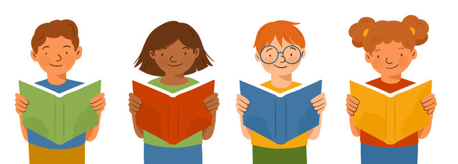 Children reading books, elementary students learning to read, kids from different ethnicities