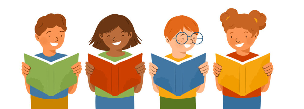 Children reading books, elementary students learning to read, kids from different ethnicities
