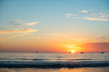 Sunset at the sea. Sunrise at beach. Colorful ocean beach sunrise.