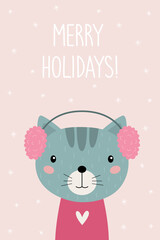 Merry holidays. A Christmas card. Cute cartoon cat in a fur headphones. Vector illustration
