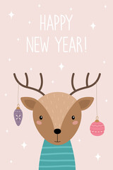A postcard with a cute cartoon deer. Happy New Year. Deer antlers with Christmas toys. Vector illustration