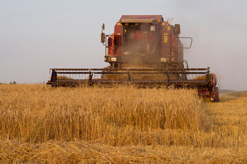 Combine harvester working on a field of wheat. 
