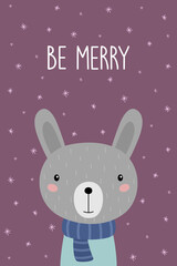 A postcard with a cute cartoon rabbit. Merry Christmas. A hare with a scarf on a background of snowflakes. Vector illustration