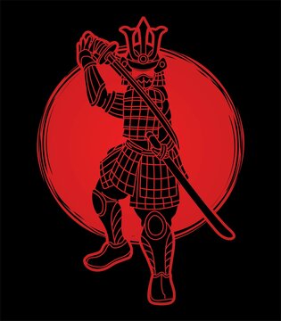 Samurai Warrior with Weapon Bushido Action Ready to Fight Cartoon Graphic Vector