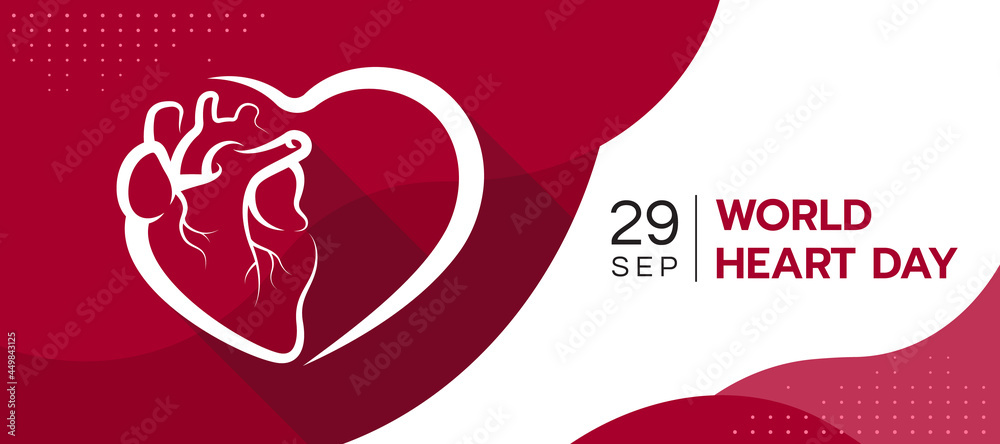Wall mural world heart day - abstract white line human heart sign and heart sharp sign on abstract red curve te