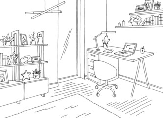 Home office graphic black white interior sketch illustration vector 