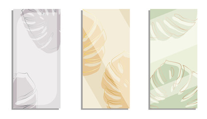 Fototapeta na wymiar set of template invitation cards for celebration with monstera tropical plant leaves. Beige and pastel shades. Wedding frames with leaves. Vector