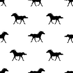 Seamless pattern with black horses silhouettes on a white background. Illustration for a cover, a poster or a textile design. Save with the Clipping Mask.