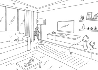Living room graphic black white home interior sketch illustration vector 