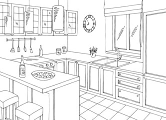 Kitchen room graphic black white home interior sketch illustration vector 