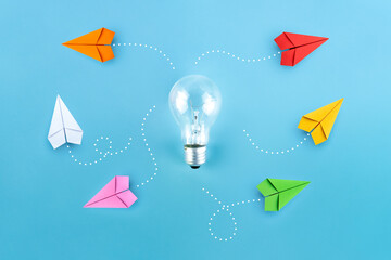 Light bulb with Paper plane, Different vision creative and Innovative solution for Business concepts