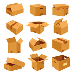 Set of isometric realistic boxes, flat icons. Transportation case or box for delivery or shipping. Empty open or closed pack, paper or cardboard packaging. Vector simple template or mockup.