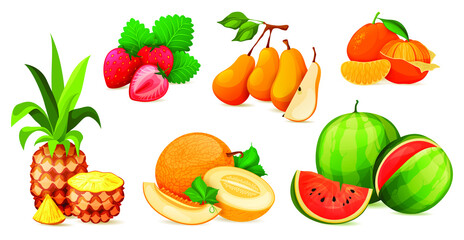 Ripe fruit composition or composing. Vitamin vector set of pineapple, strawberry, pear, tangerine, melon and watermelon. Whole and sliced juicy fruits. Healthy nutrition.