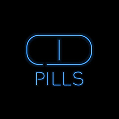 Pills glowing neon sign vector illustration