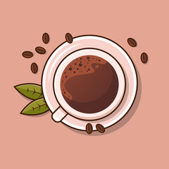 Top view of coffee cup with roasted beans