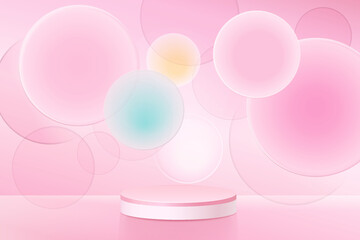 Minimal abstract scene with podium or platform, air flying geometric bubble shapes on pink background.