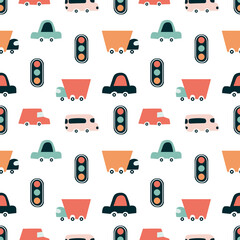 cars pattern. Childish cute seamless pattern. Traffic is regulated by traffic lights. Print for digital paper, scrapbooking, fabric, children's games. Vector illustration, doodle