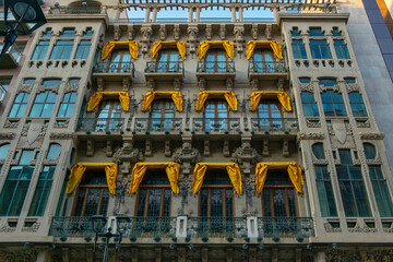 ZARAGOZA, SPAIN, 8 August 2021. Detail of the modernist faÃ§ade of the Caja Rural de AragÃ³n Headquarters building.