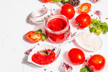 Tomato confiture, jam, chutney, sauce in a glass jar
