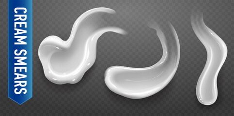 Set of realistic cosmetic cream smears. Skincare product of different body colors. Lotion smooth smear isolated vector texture on transparent background.