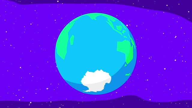 Earth cartoon 2d flat animation with Antarctica view. Rotating green blue planet with one white continent. Good for modern explainer, educational or business film, titles, etc. Isolated.