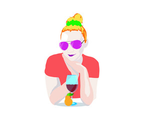 A bright girl with a glass of wine and fruit