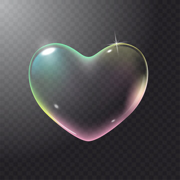 Realistic transparent multicolored rainbow vector soap bubble shaped as heart. Romantic glossy soapy heart. Valentine day symbol. Transparent background.