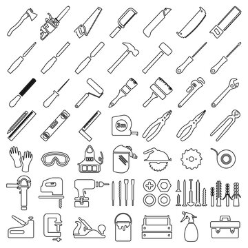 Set of Outlane icons carpentry tools, equipment and protective clothing. Everything you need for a carpentry workshop, from hand tools to electrical equipment. The vector illustration is isolated.