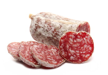 Fermented semi-hard dried sliced sausage, pig meat isolated on white background