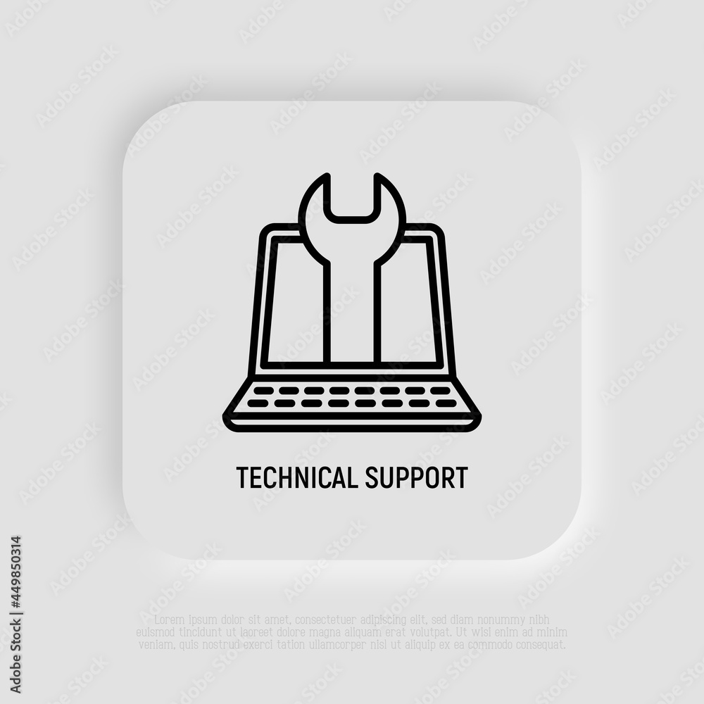 Wall mural technical support: open laptop with wrench thin line icon. it support. modern vector illustration.