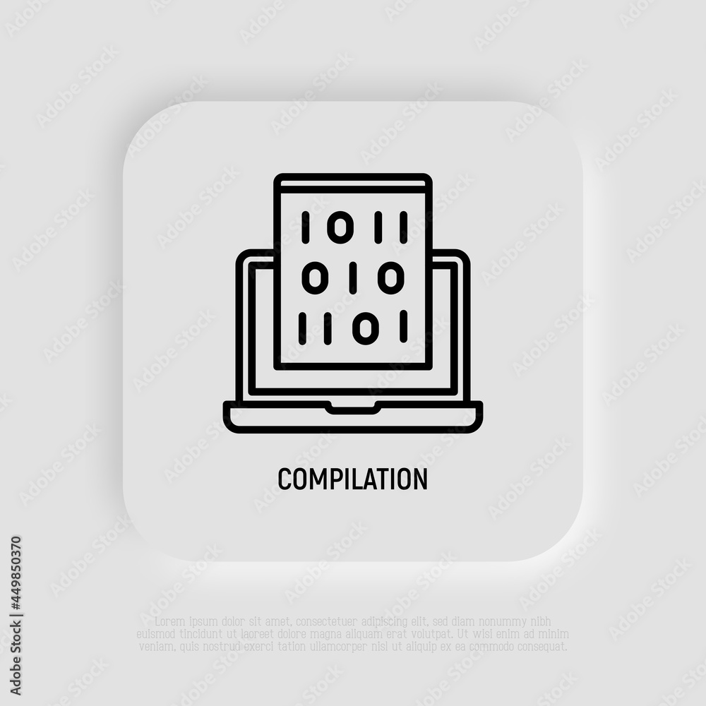 Wall mural program compilation thin line icon, open laptop with code. modern vector illustration.