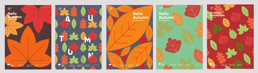 Poster Autumn. A set of simple flat vector illustrations. Background patterns hello autumn, autumn sale, seasons. Perfect background for banner, poster, flyer, cover. © Molibdenis-Studio