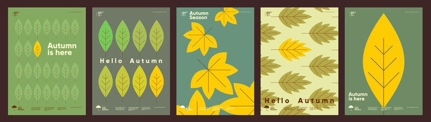 Autumn. A set of simple flat vector illustrations. Background patterns hello autumn, autumn sale, seasons. Perfect background for banner, poster, flyer, cover. - obrazy, fototapety, plakaty