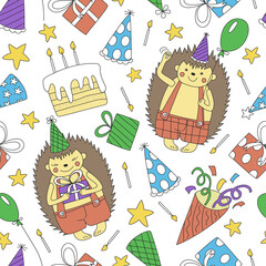 seamless pattern in doodle style hedgehogs in shorts with gifts and balloons in their paws and with caps on the head with birthday attributes on a white background