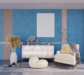 3d rendering,3d illustration, Interior Scene and Frame mockup,Living room, sea blue wallpaper wall Creamy white furniture Display a large picture frame above the shelf.